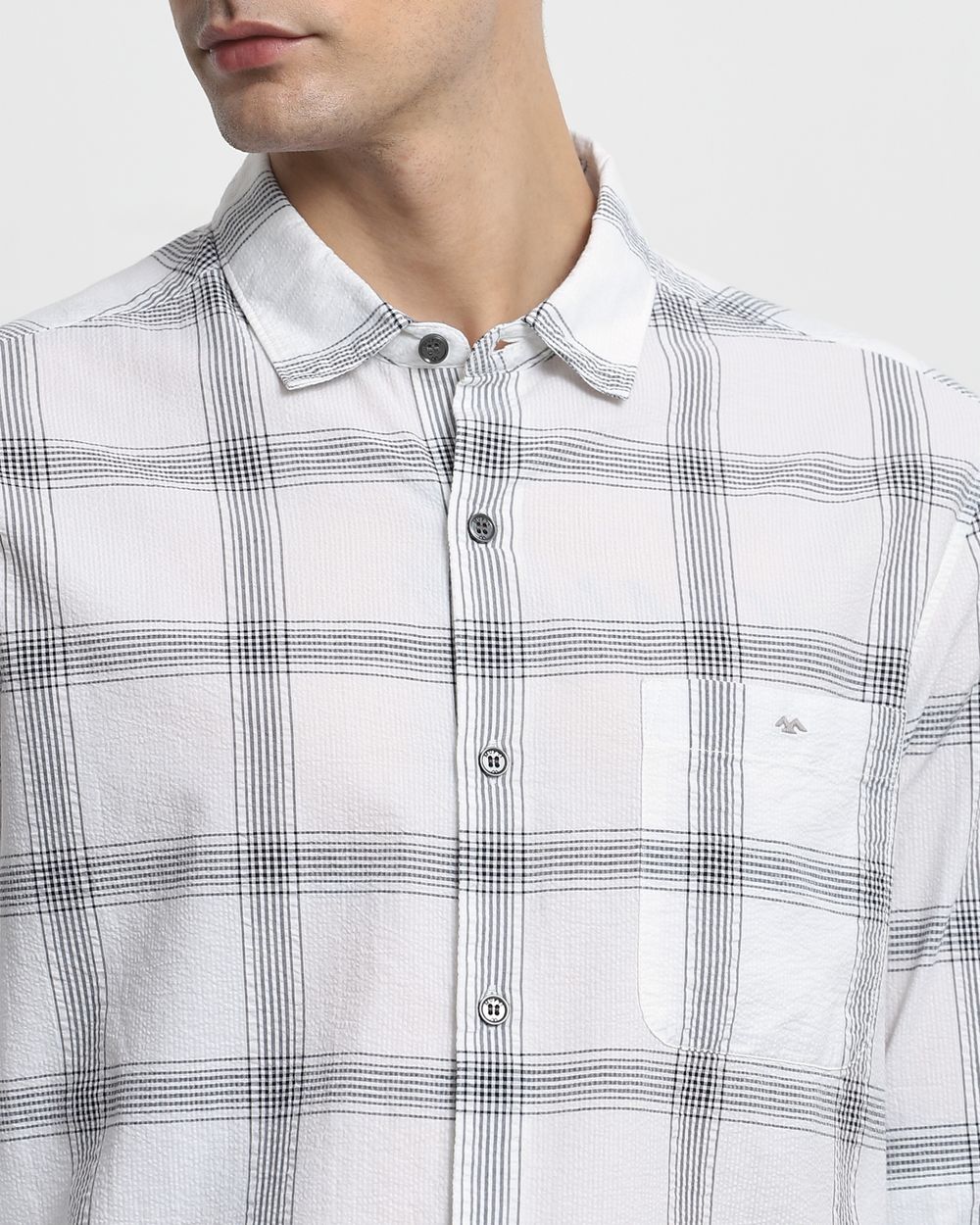 Grey Seersucker Check Slim Fit Casual Shirt