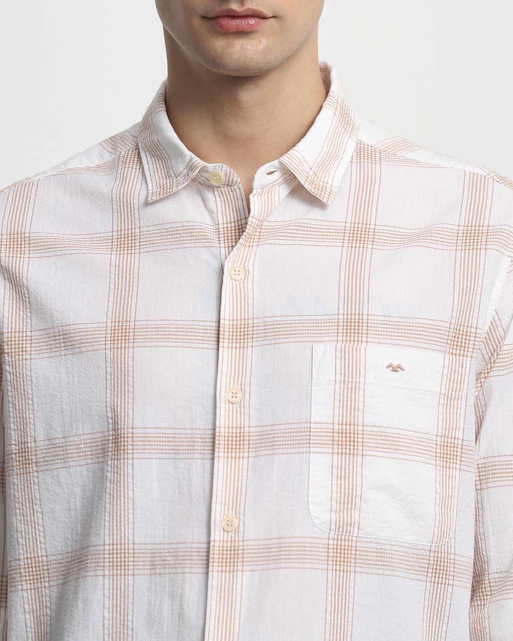 Beige Seersucker Check Slim Fit Casual Shirt