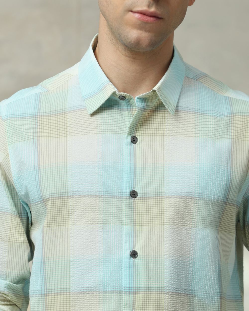 Light Blue Seersucker Check Slim Fit Casual Shirt