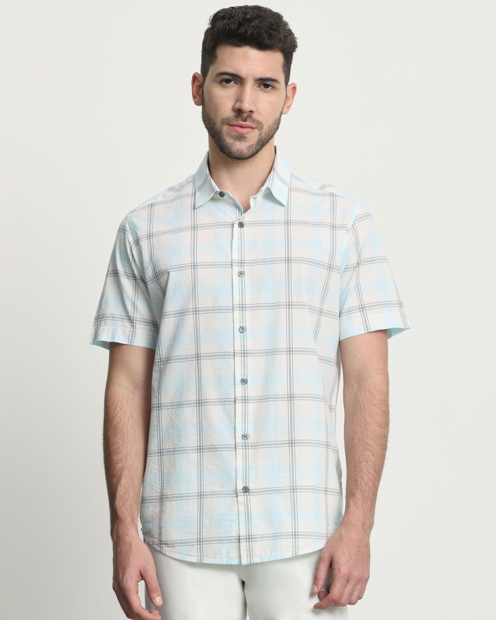 Light Blue Seersucker Check Slim Fit Casual Shirt