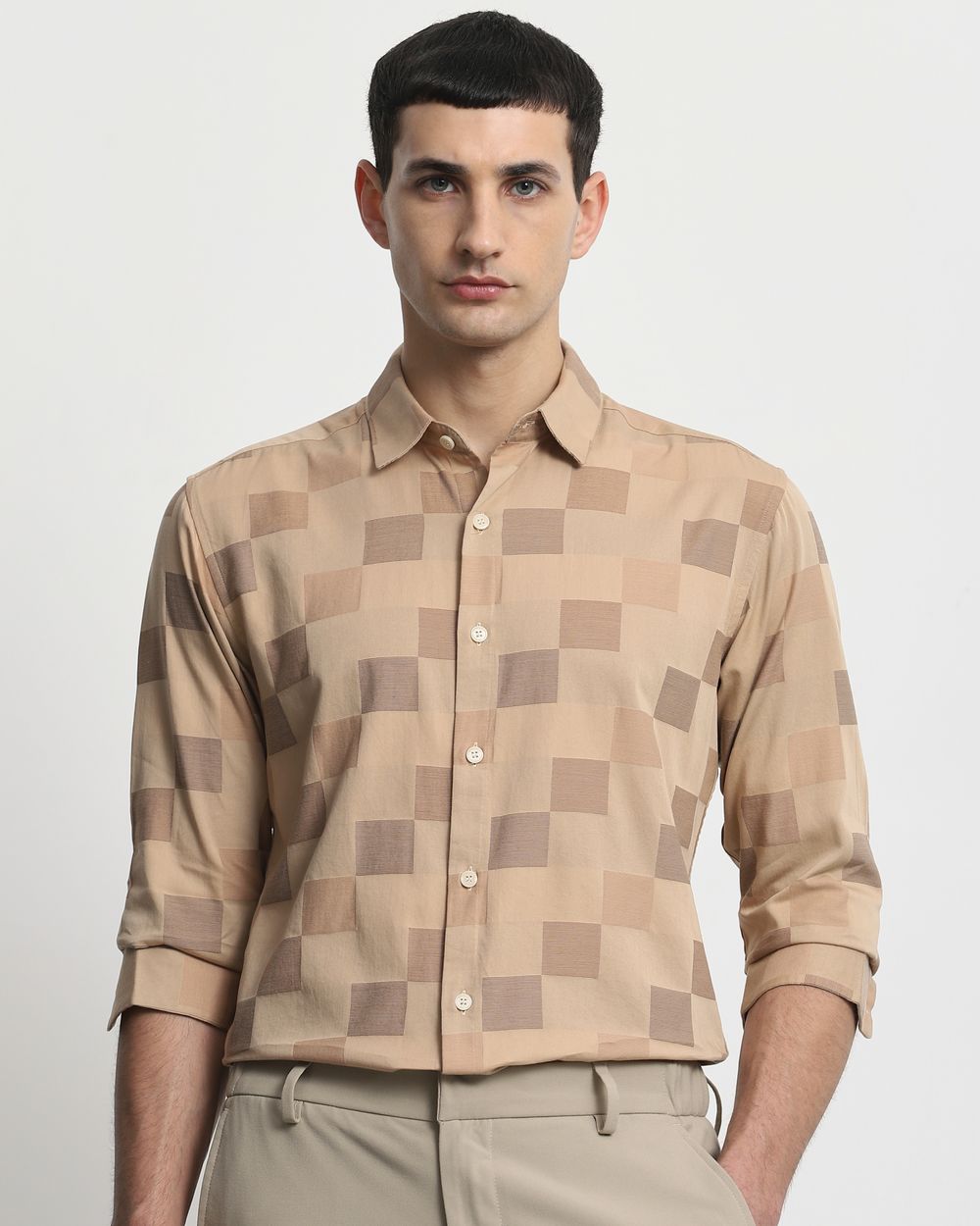 Beige Tonal Check Slim Fit Casual Shirt