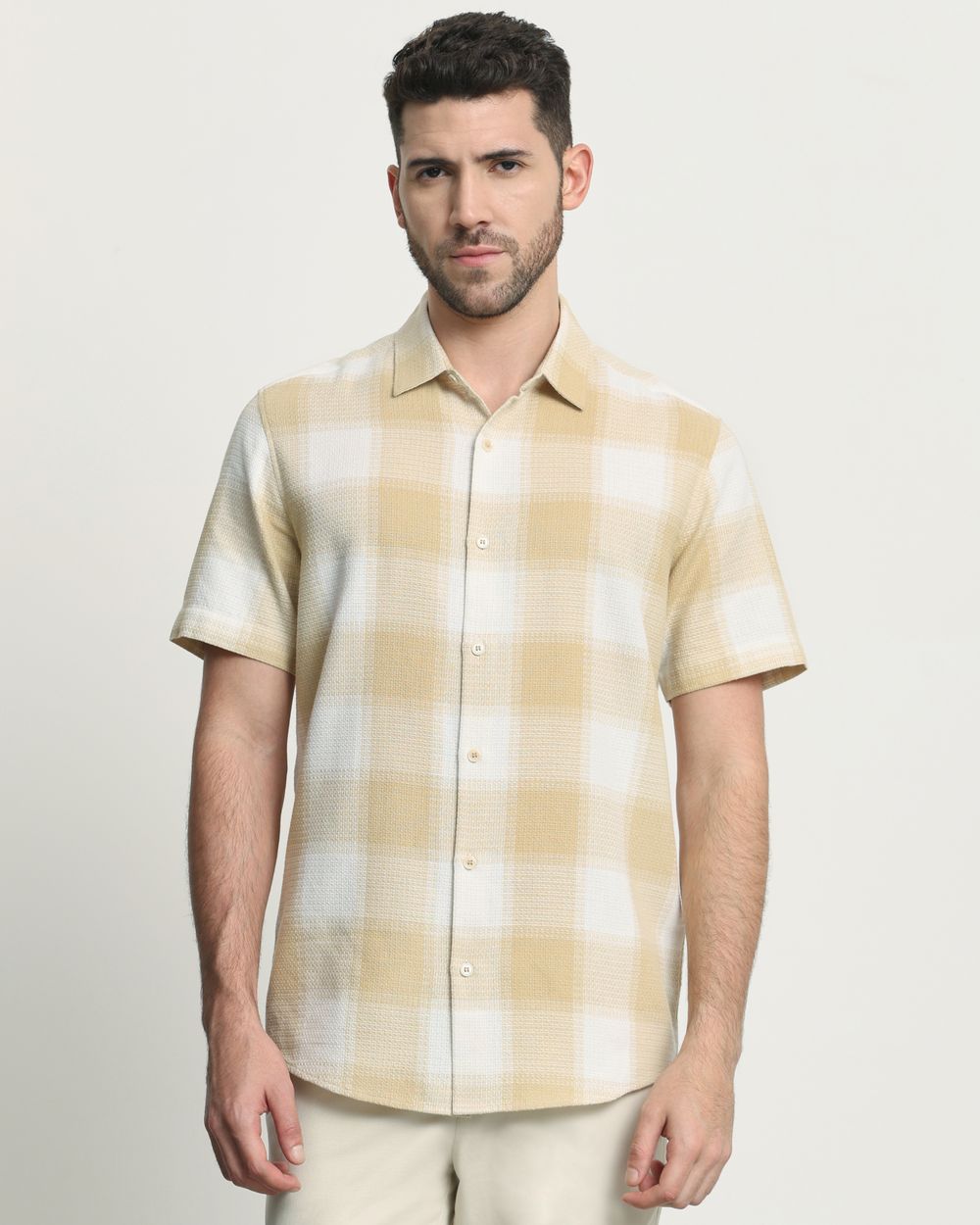 Beige Large Check Slim Fit Casual Shirt