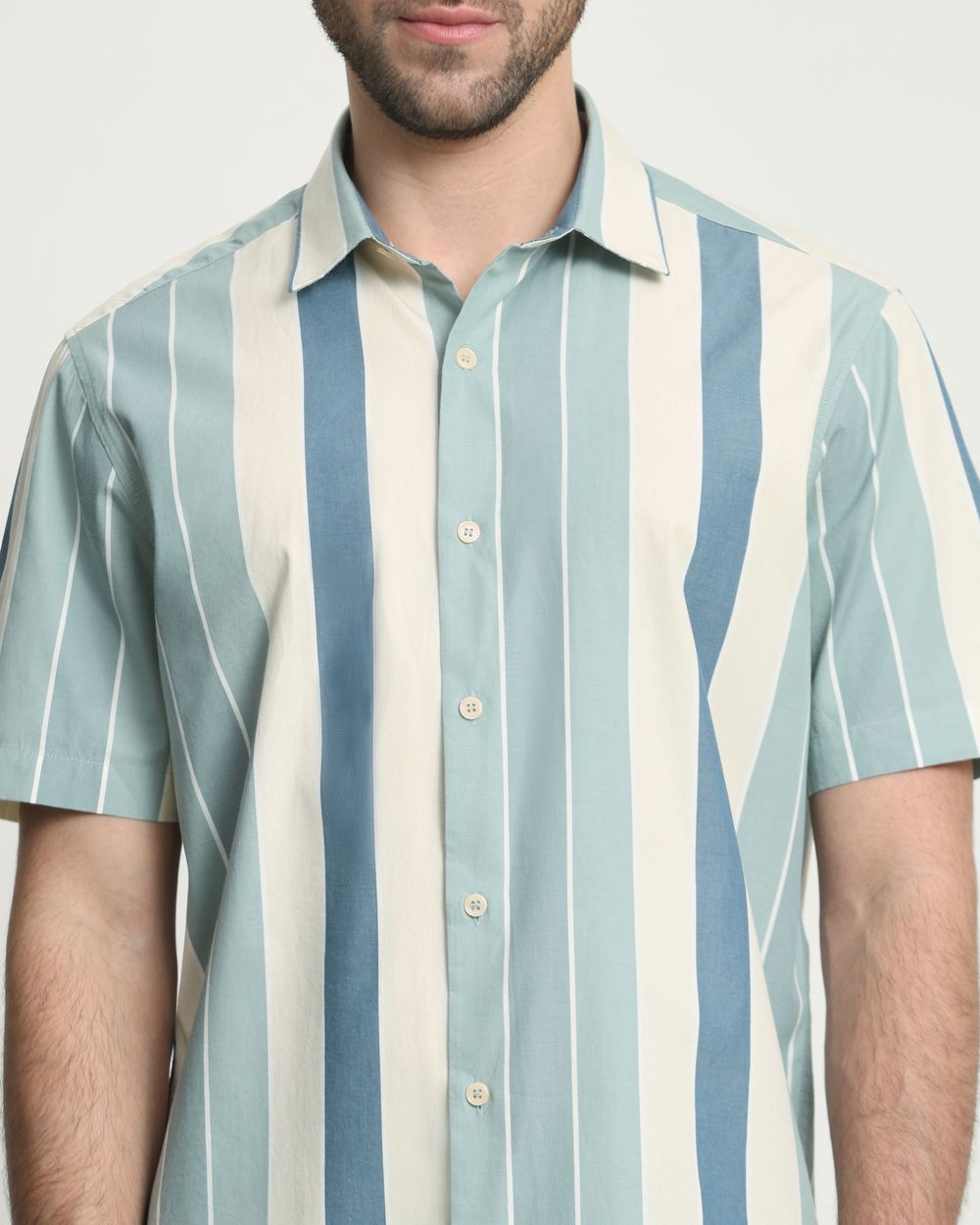 Light Olive Wide Stripe Slim Fit Casual Shirt