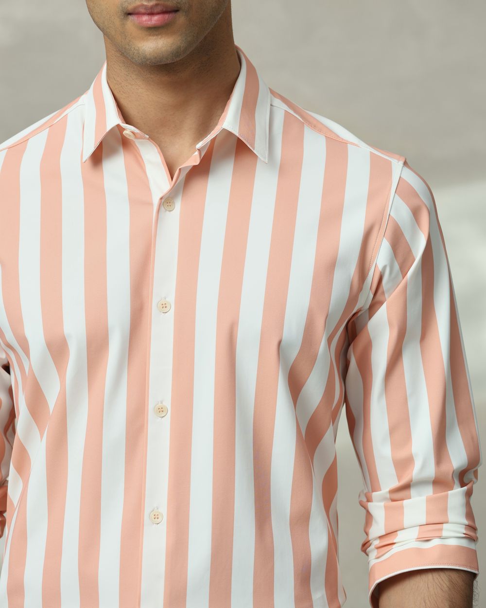 Peach Scuba Stripe Stretch Slim Fit Casual Shirt