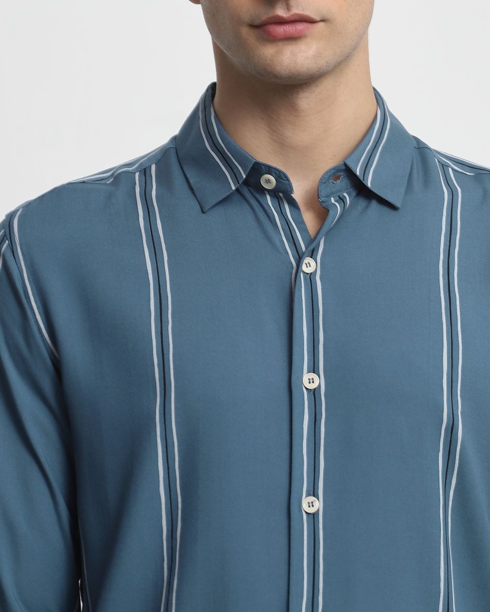 Blue Viscose Stripe Slim Fit Casual Shirt