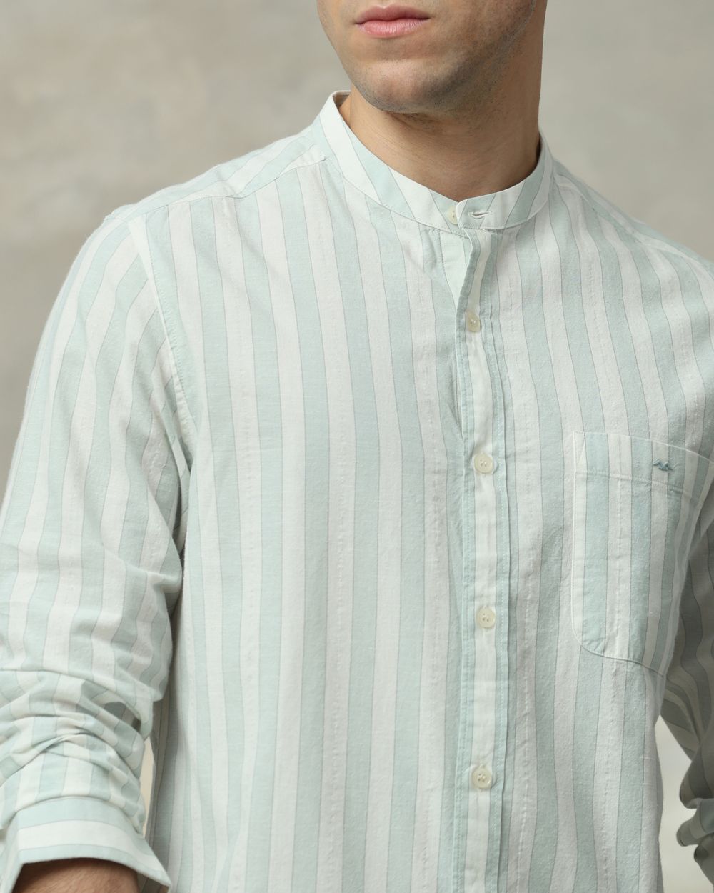 Sage Cotton Linen Stripe Slim Fit Casual Shirt