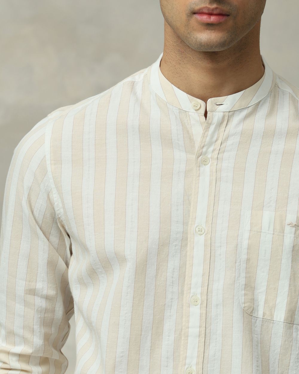 Beige Cotton Linen Stripe Slim Fit Casual Shirt