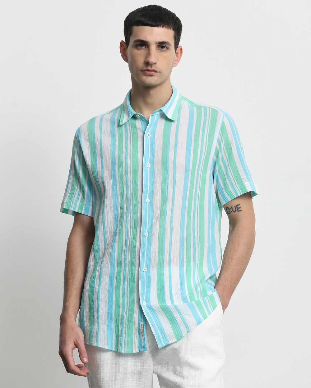 Green Textured Stripe Slim Fit Casual Shirt