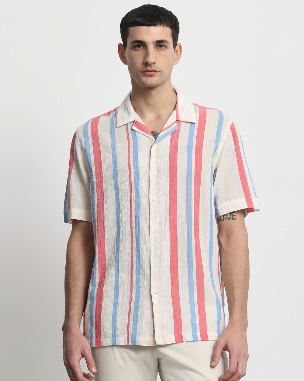 Off White Textured Stripe Relaxed Fit Casual Shirt