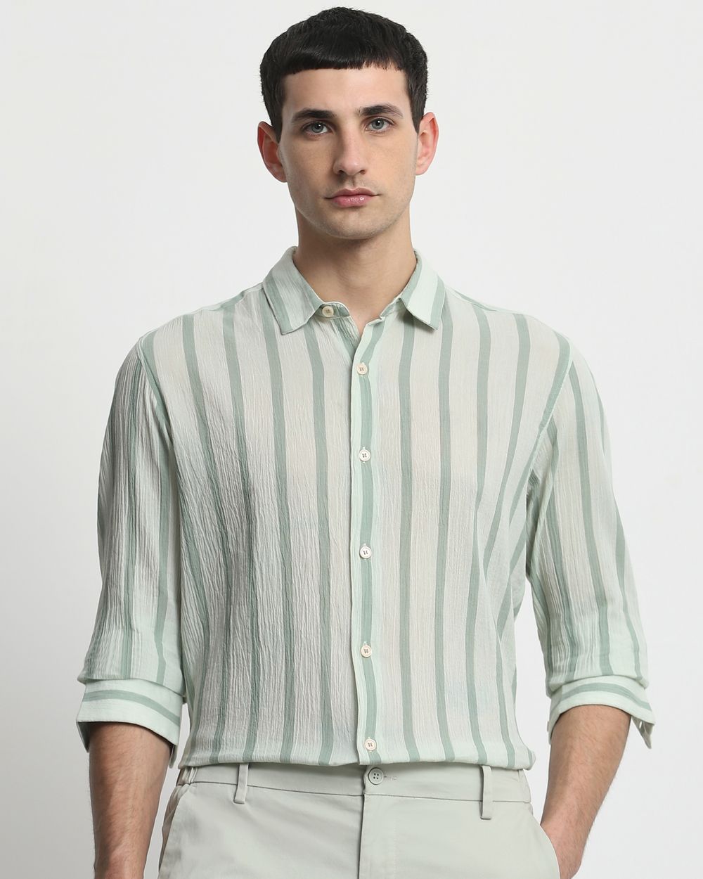 Sage Textured Stripe Slim Fit Casual Shirt