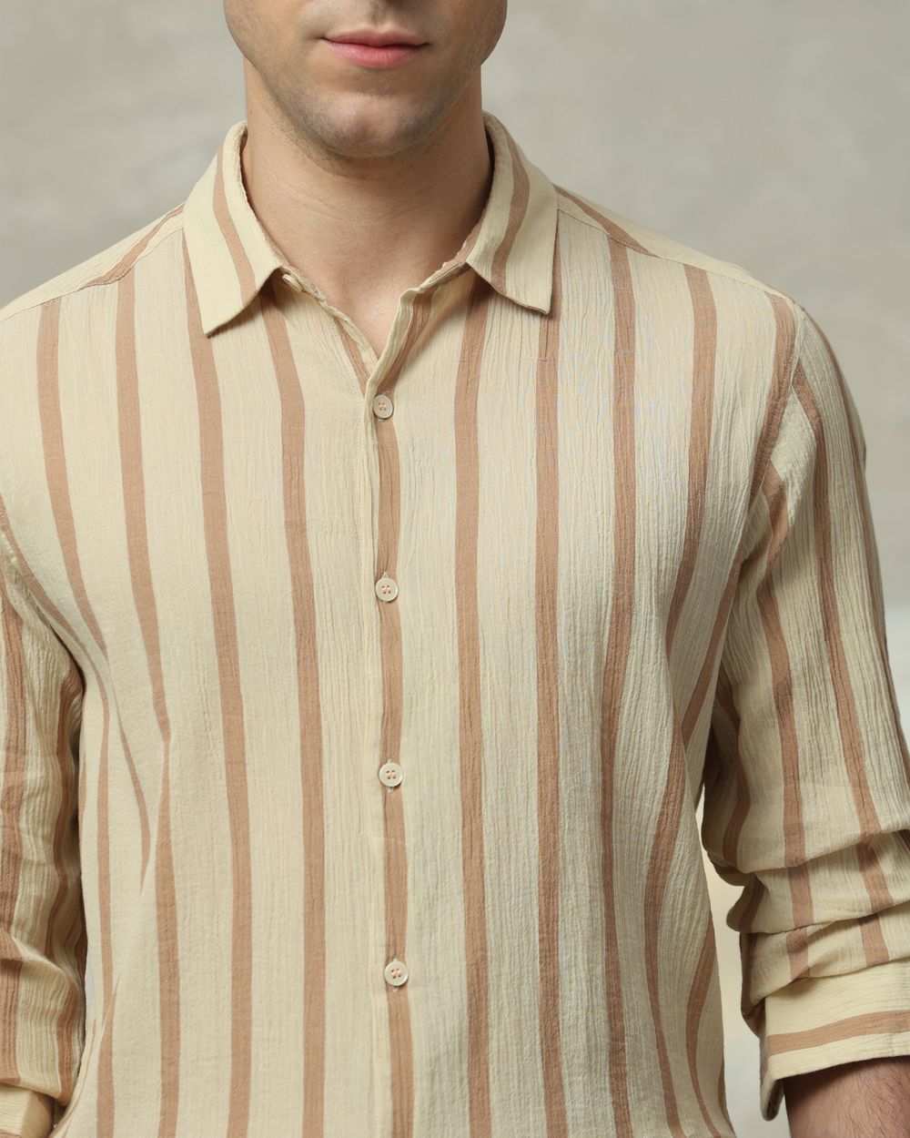 Beige Textured Stripe Slim Fit Casual Shirt