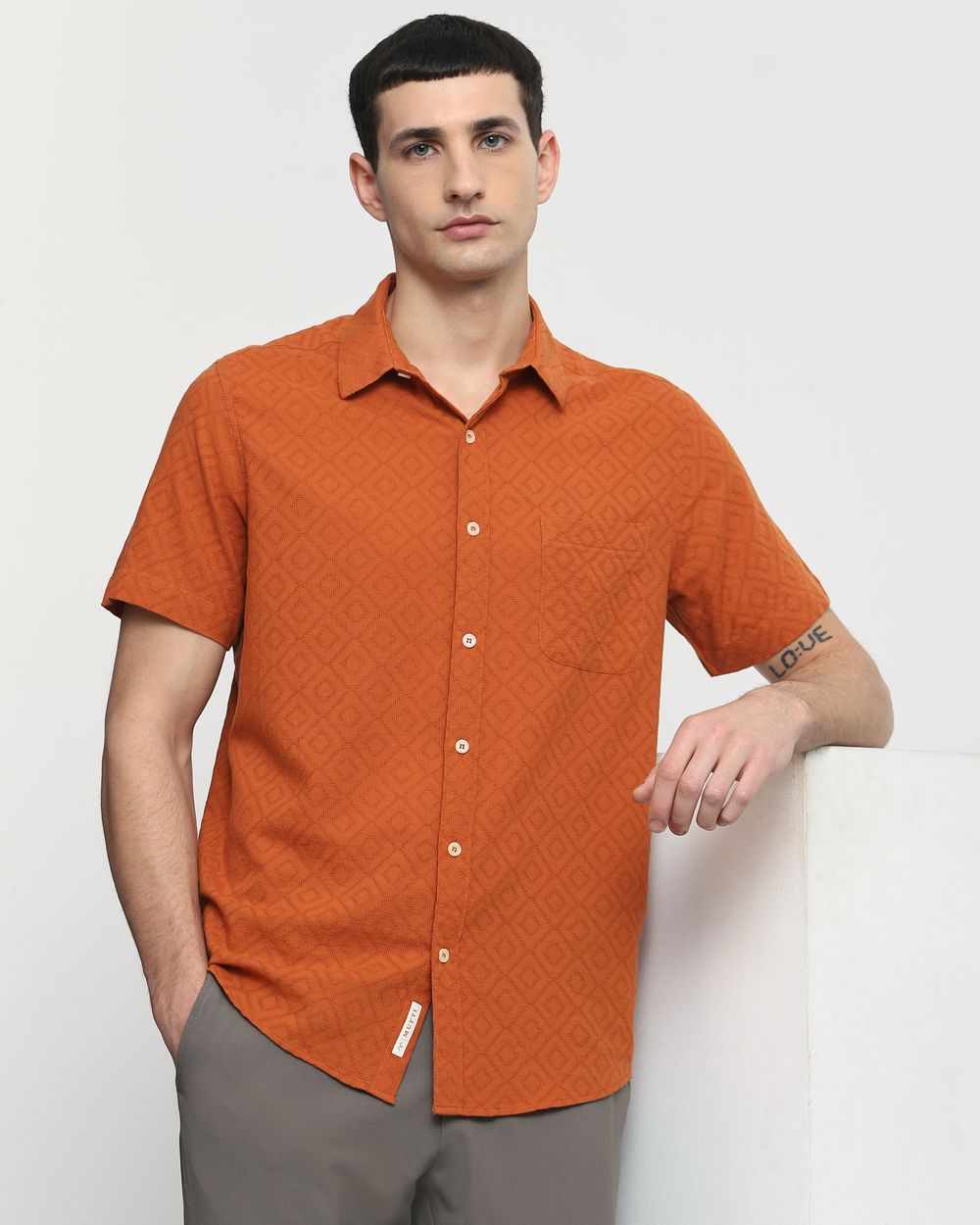 Rust Textured Plain Slim Fit Casual Shirt
