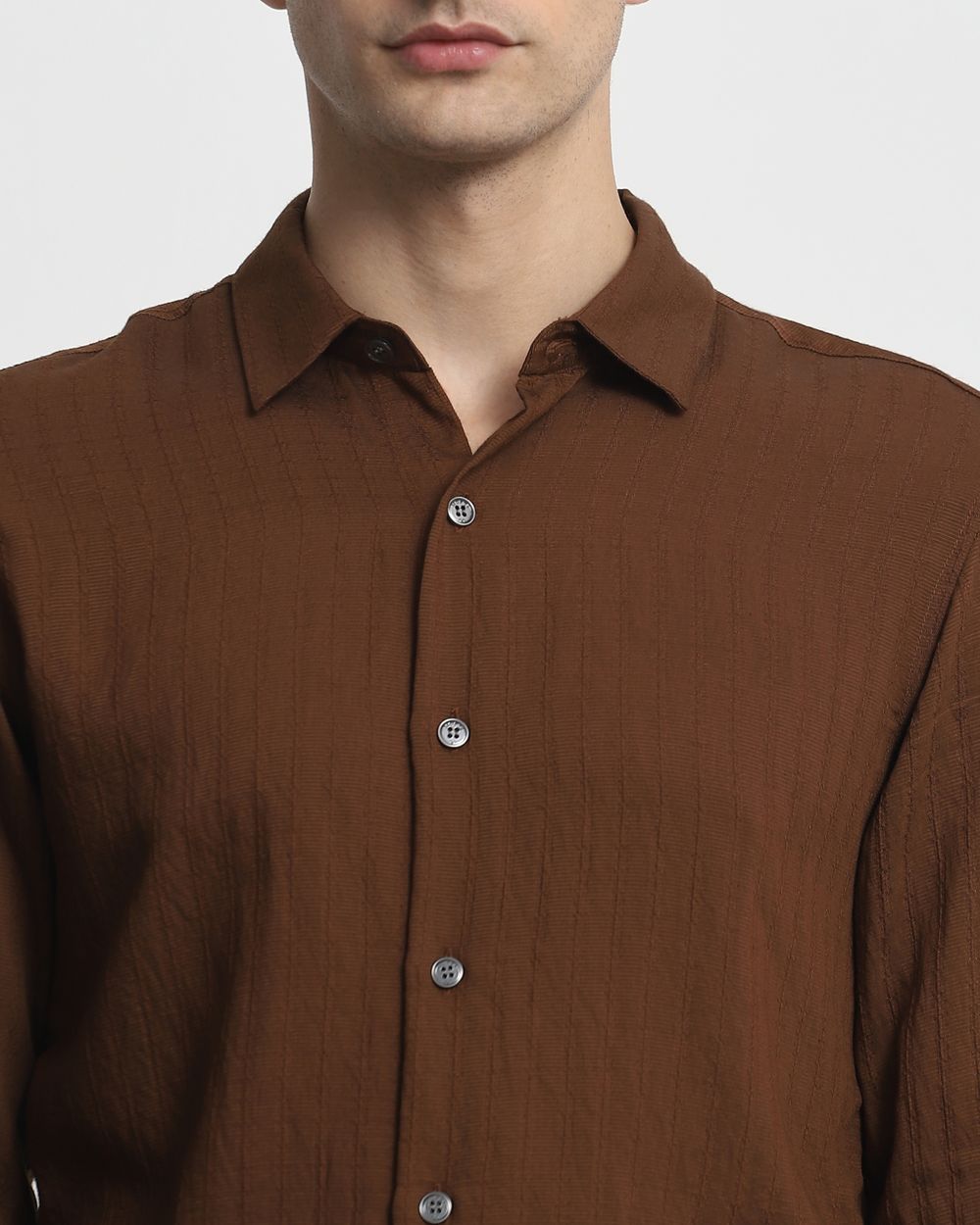 Brown Textured Plain Slim Fit Casual Shirt
