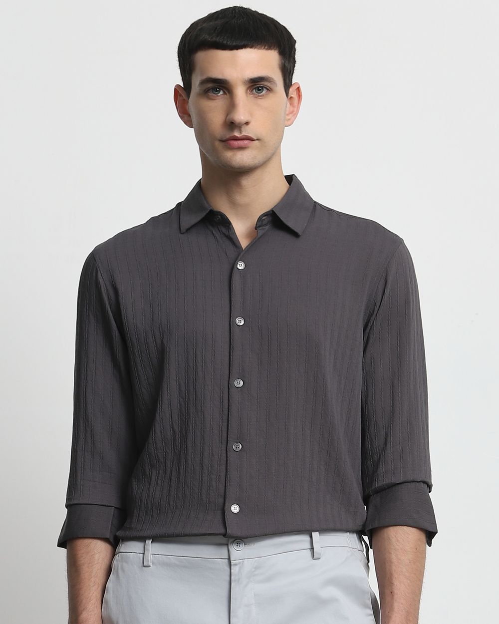 Grey Textured Plain Slim Fit Casual Shirt