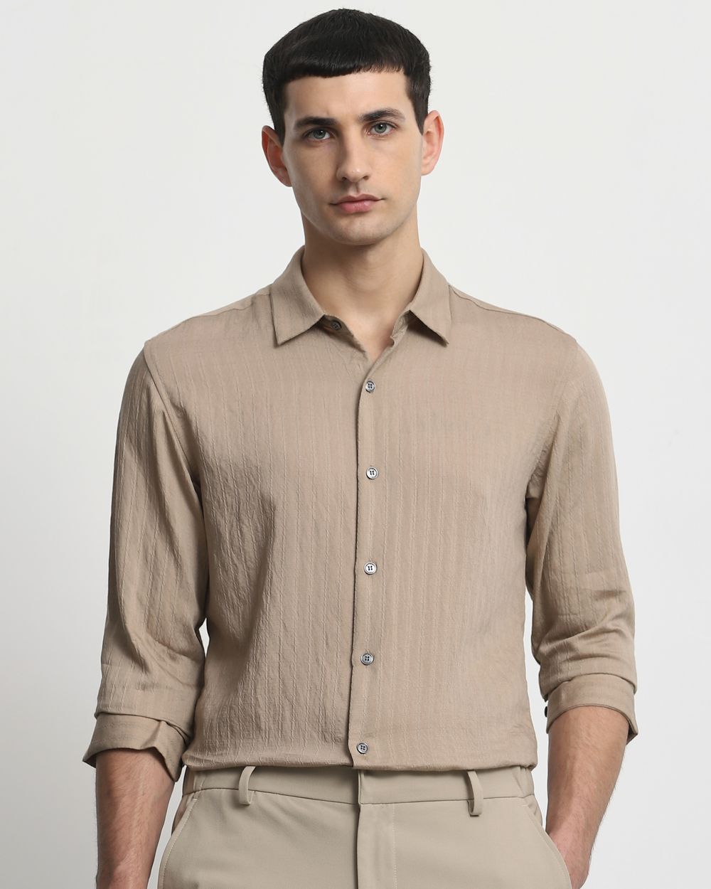 Beige Textured Plain Slim Fit Casual Shirt