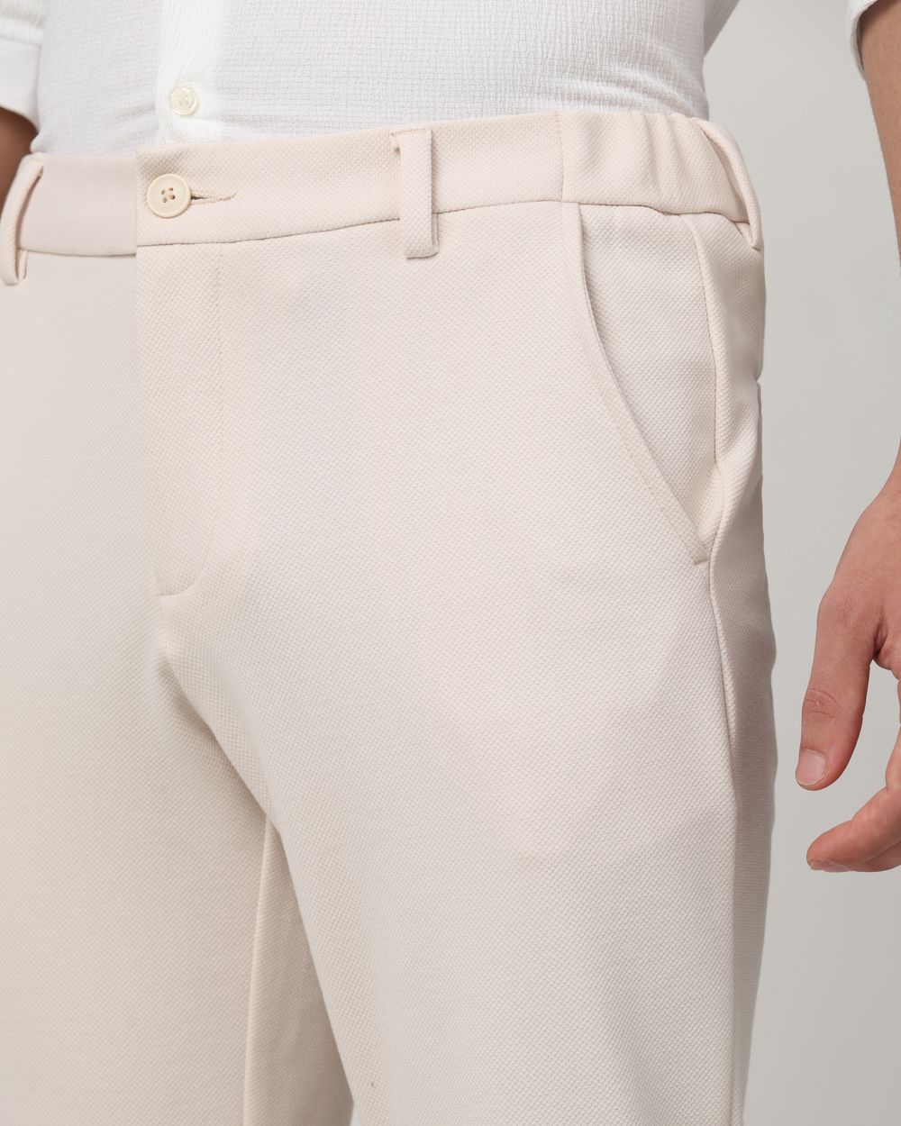 Beige Slim Fit Jersey Flat Front Pants Trousers