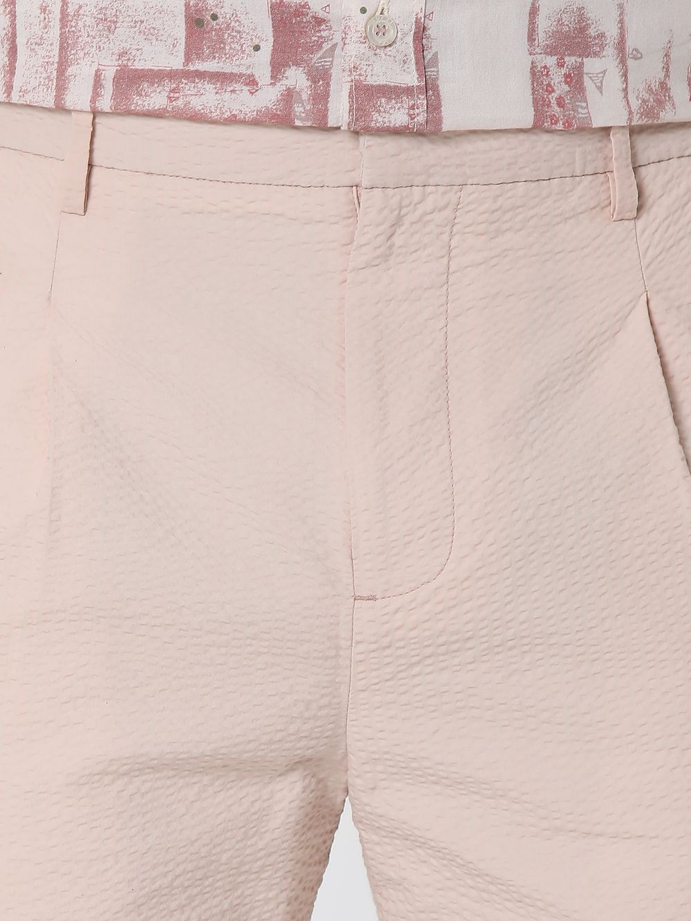 Peach Relaxed Tapered Fit Seersucker Single Pleat Trouser