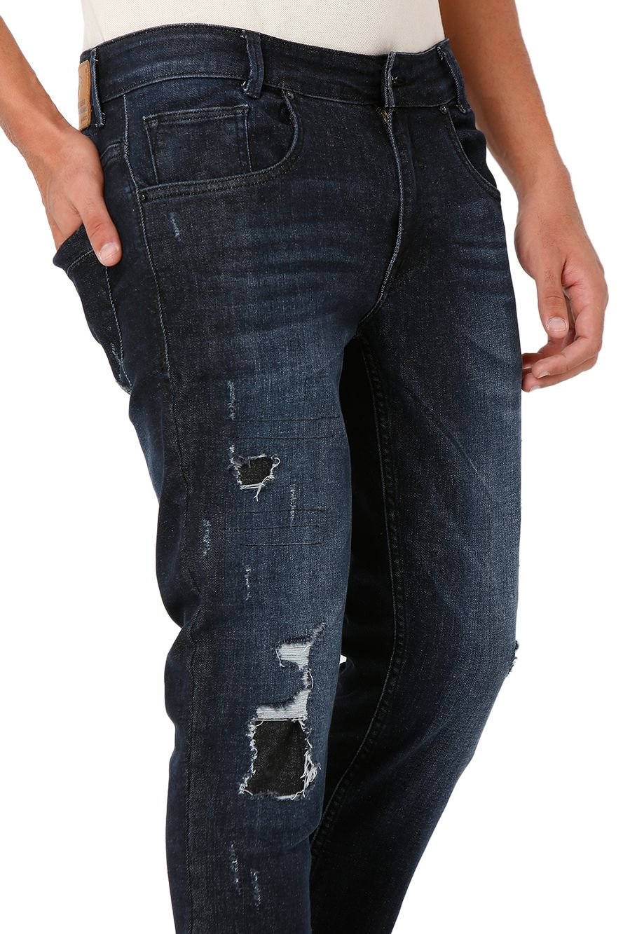 Blue Black Ankle Length Distressed Stretch Jeans