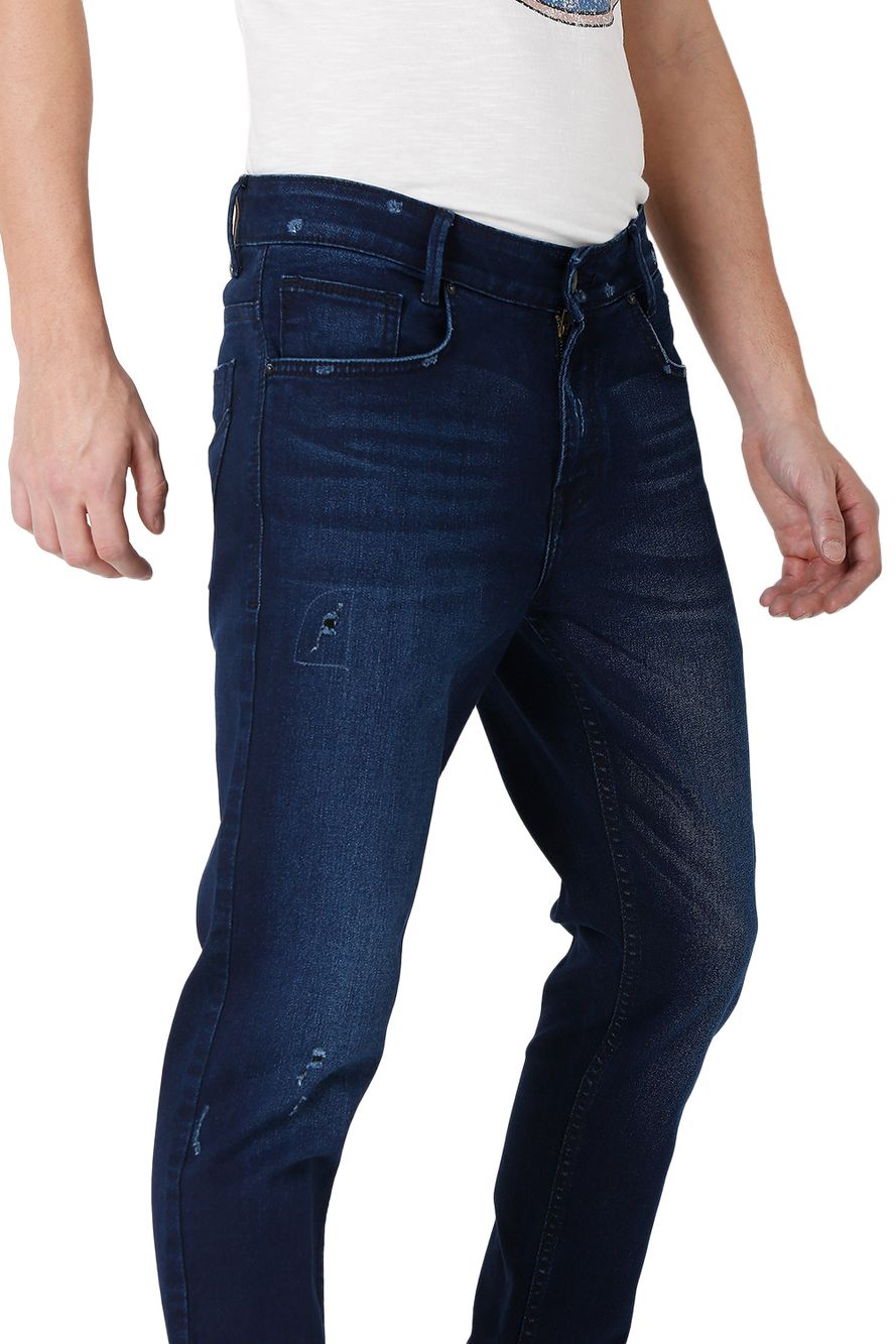 Dark Blue Ankle Length Distressed Stretch Jeans