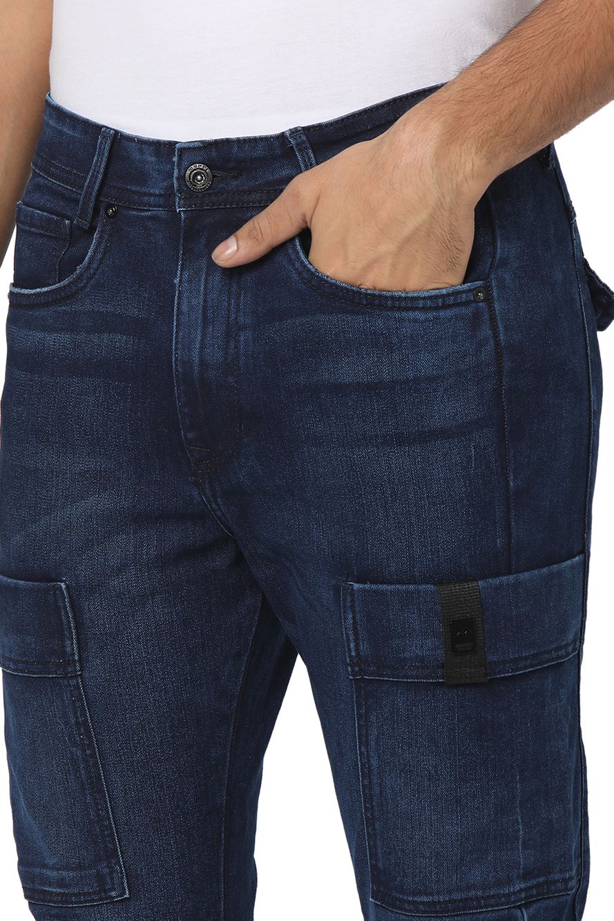 Dark Blue Carrot Fit Distressed Stretch Jeans