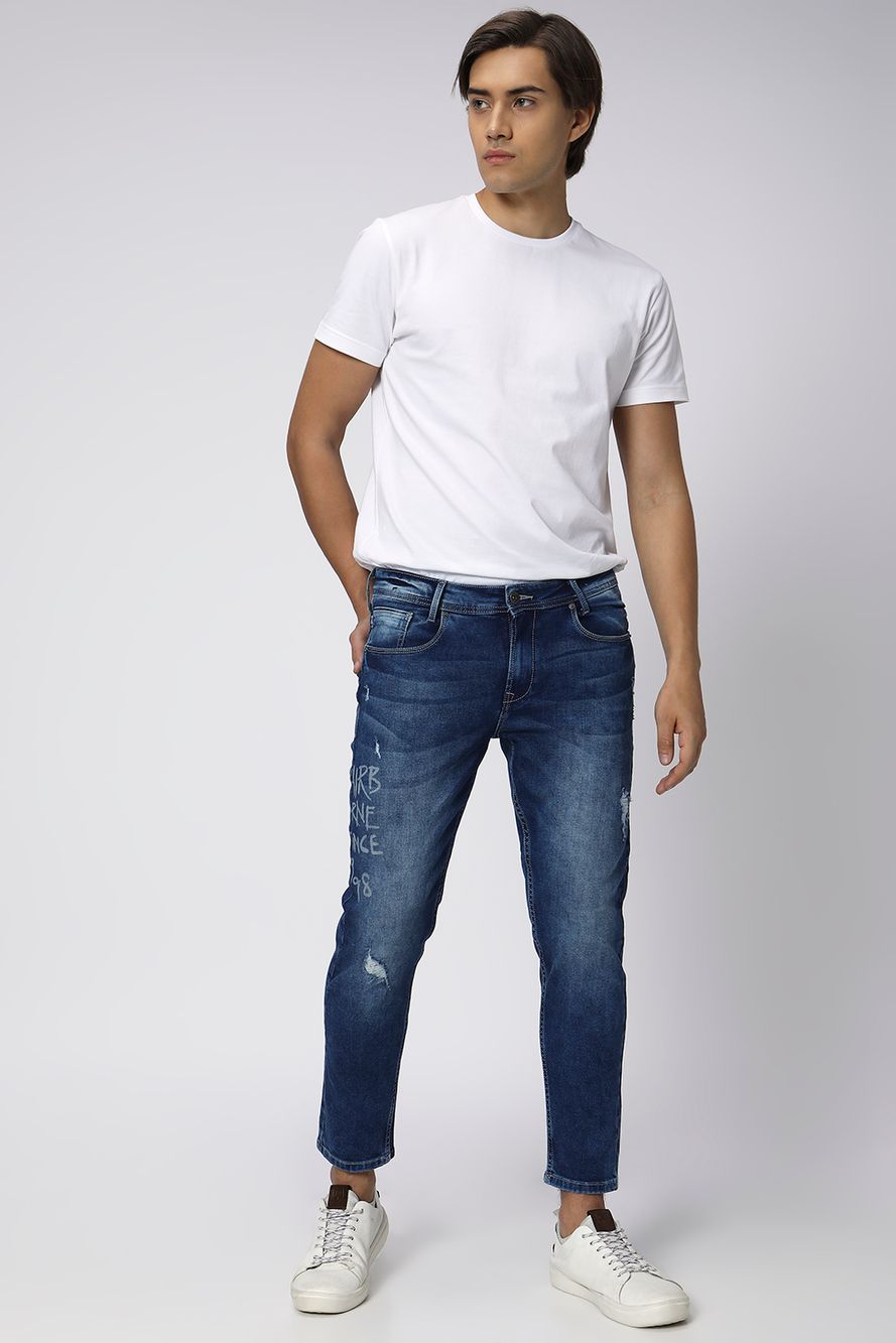 Mid Blue Ankle Length Distressed Stretch Jeans