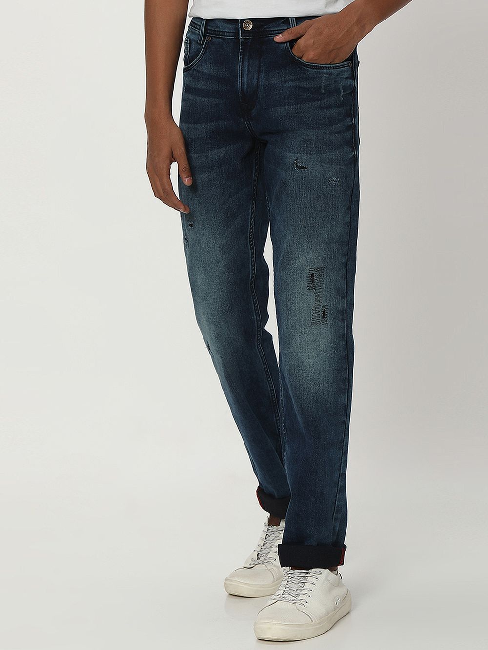 Mid Blue Super Slim Fit Distressed Stretch Jeans