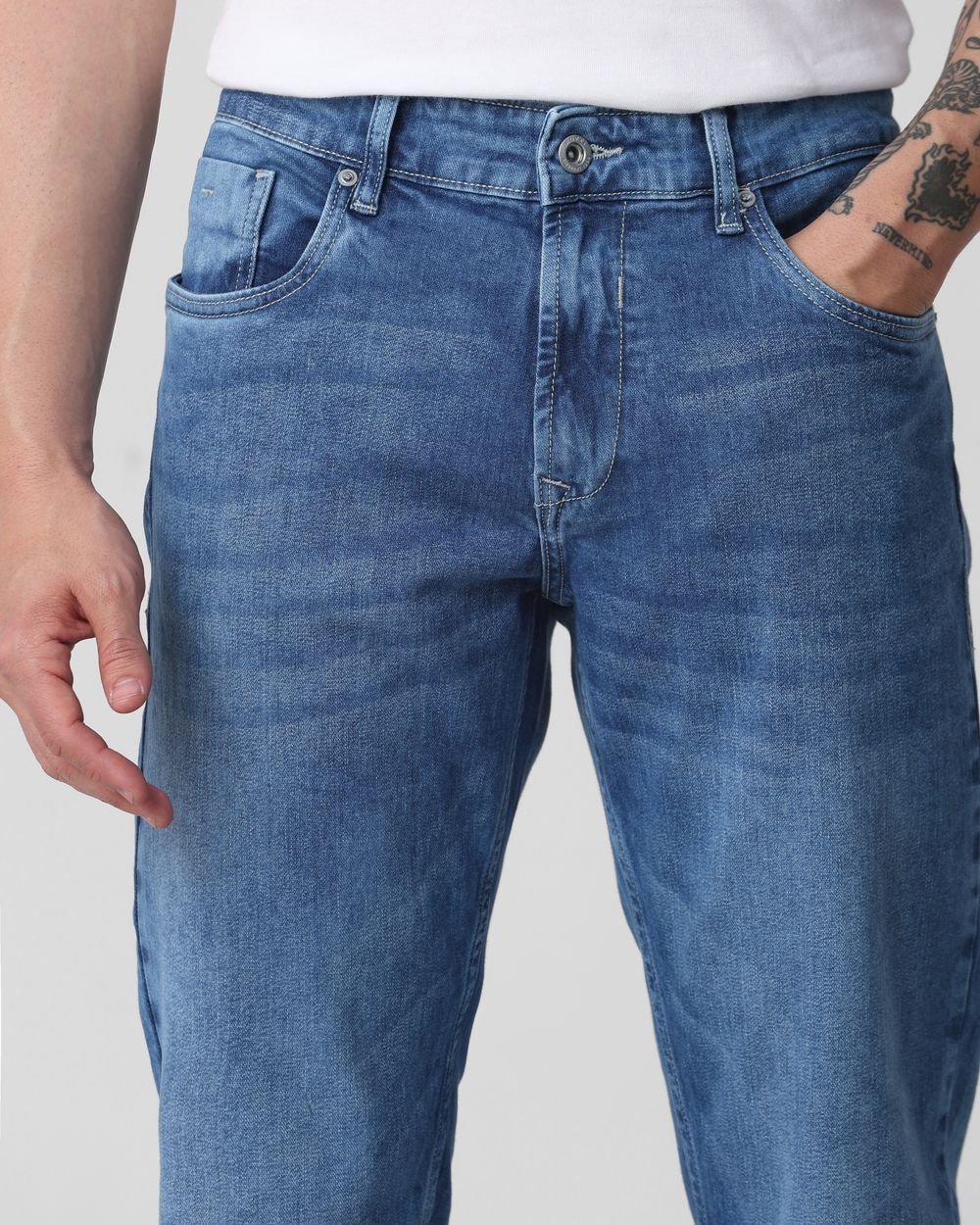 Mid Blue Straight Fit Originals Stretch Jeans
