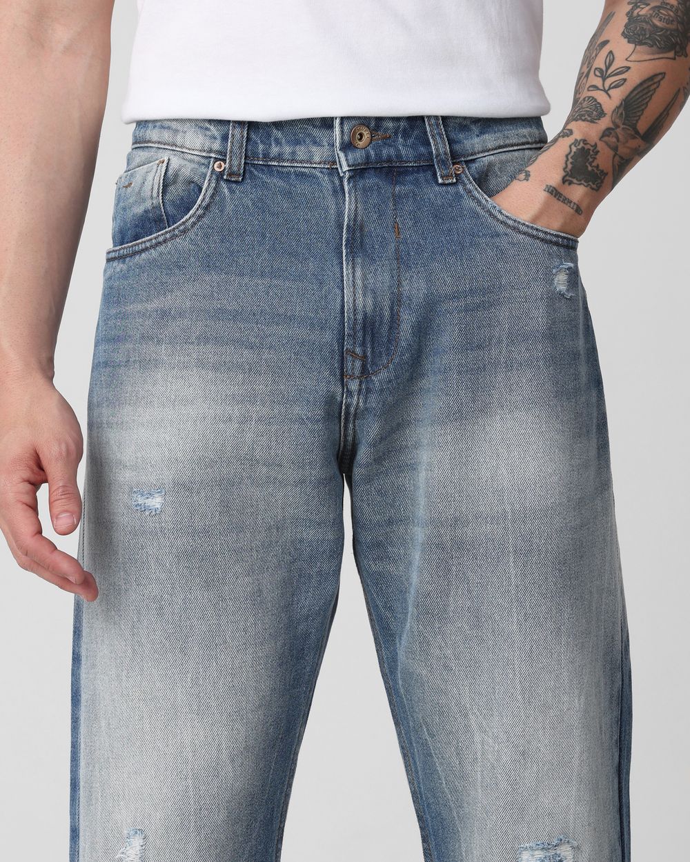 Mid Blue Loose Fit Distressed Stretch Jeans