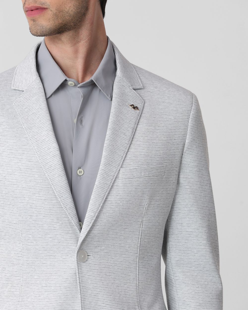 Light Grey Textured Plain Slim Fit Blazer