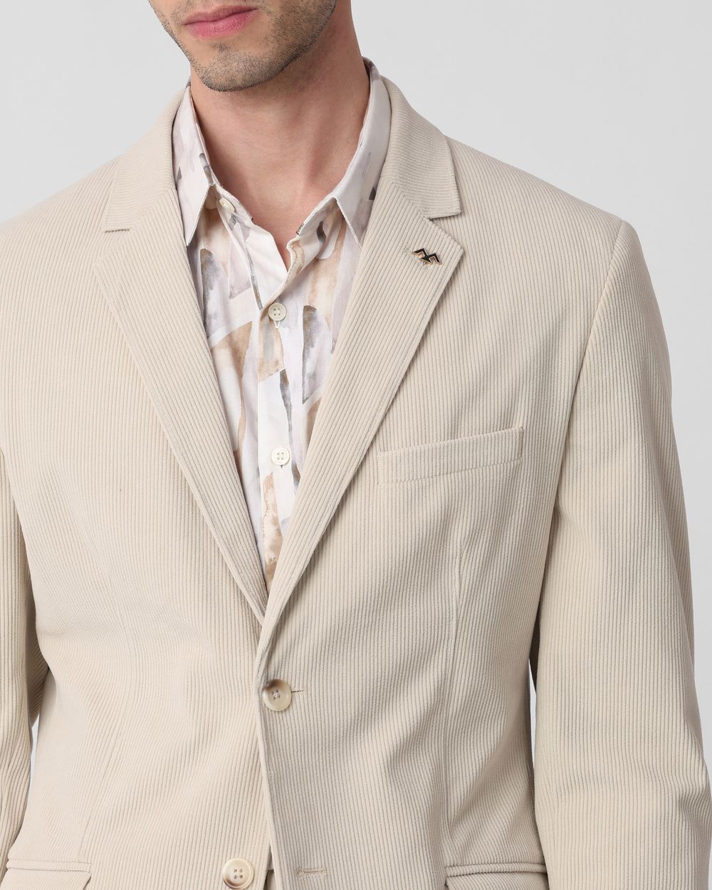 Beige Corduroy Slim Fit Blazer