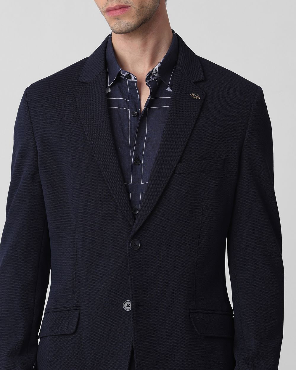 Navy Textured Plain Slim Fit Blazer