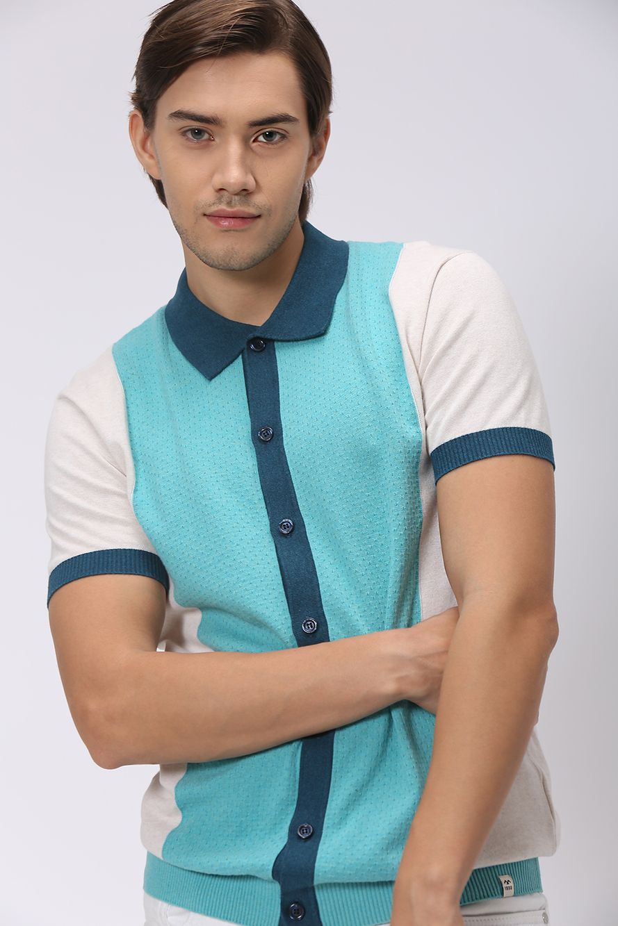 Turquoise & Off White Solid Flatknit Polo