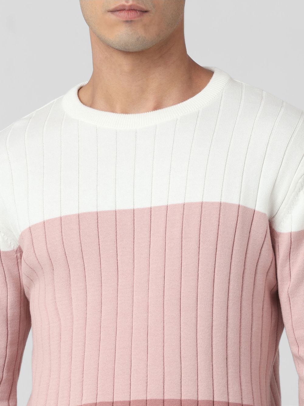 Peach Color-Blocked Slim Fit Sweater