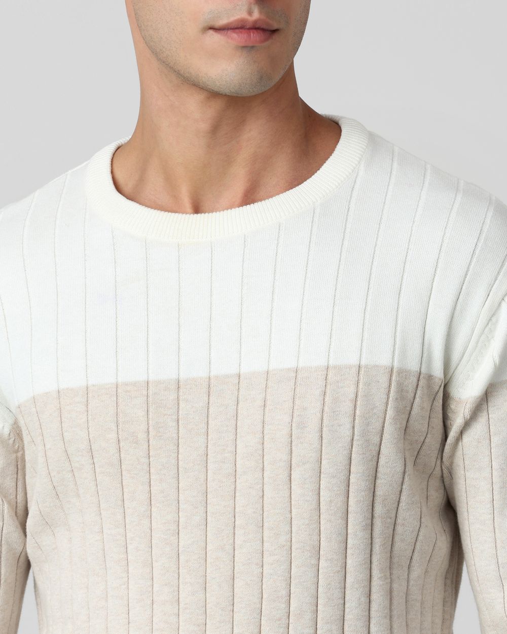 Beige Color-Blocked Slim Fit Sweater