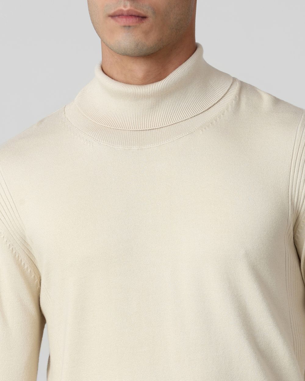 Beige Turtle Neck Plain Slim Fit Sweater