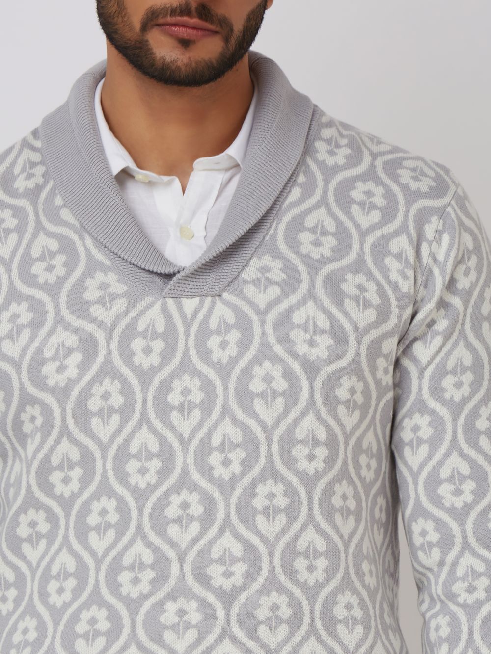 Light Grey Jacquard Slim Fit Sweater