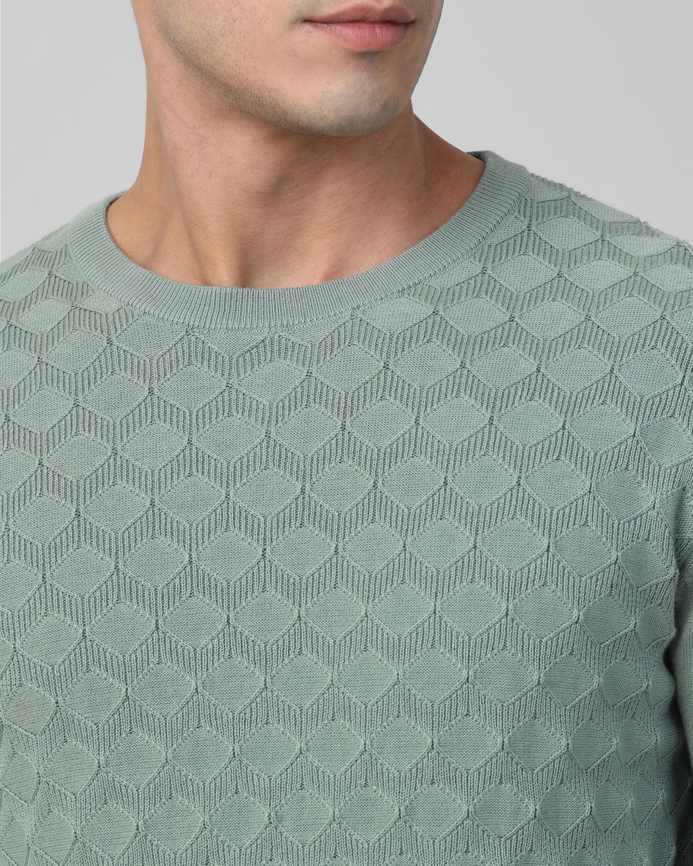 Light Olive Textured Plain Slim Fit Sweater