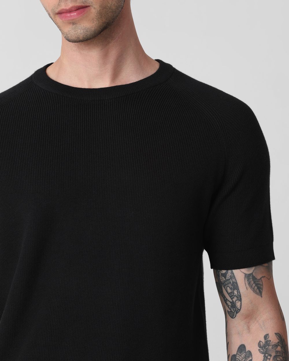 Black Textured Slim Fit Flatknit Tee