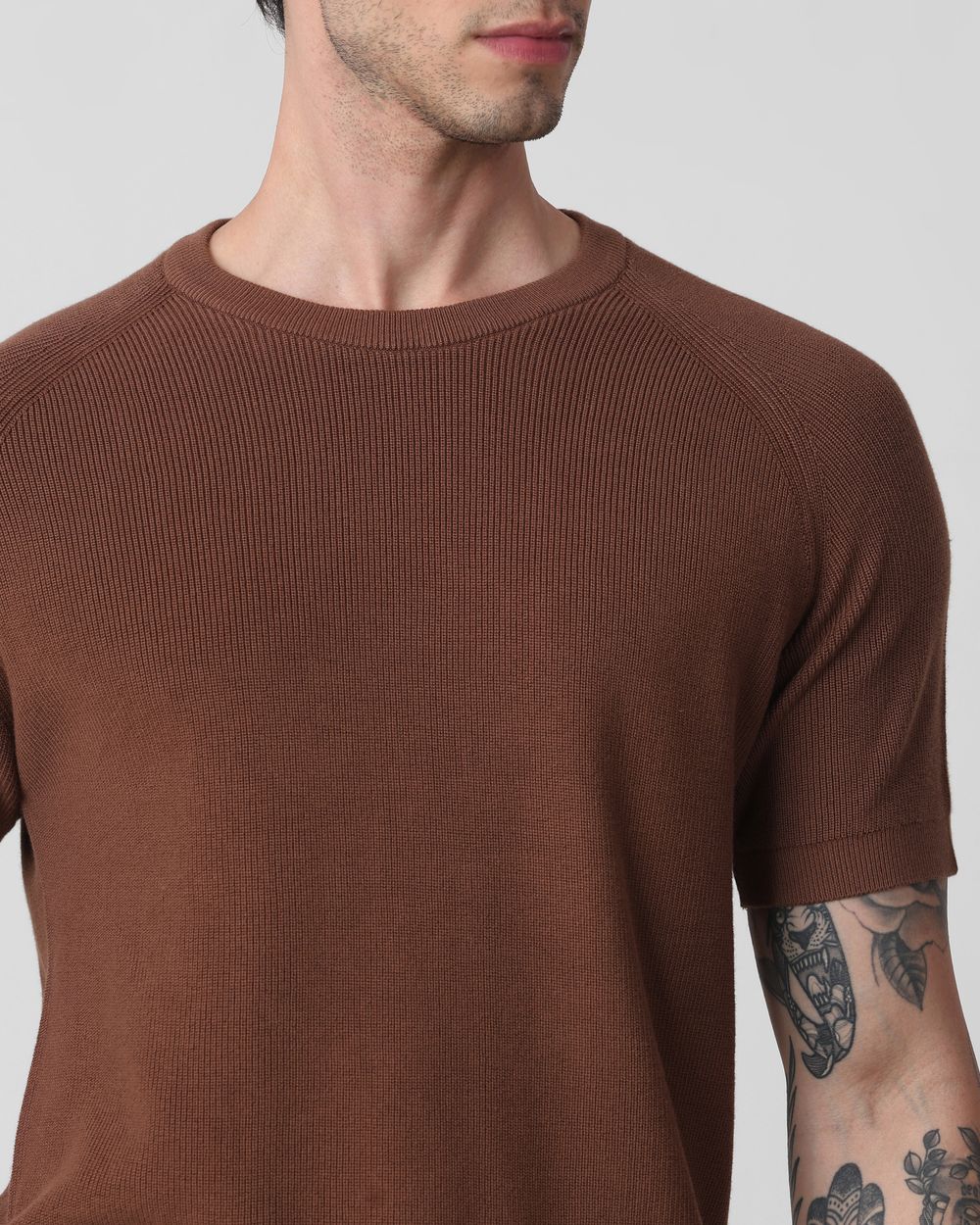 Brown Textured Slim Fit Flatknit Tee