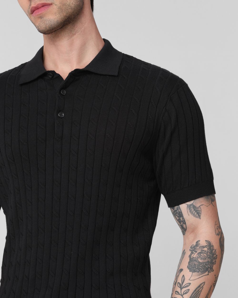 Black Self Stripe Flatknit Slim Fit Polo