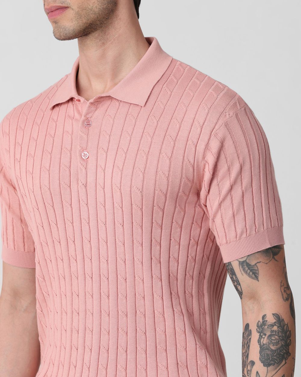 Pastel Pink Self Stripe Flatknit Slim Fit Polo