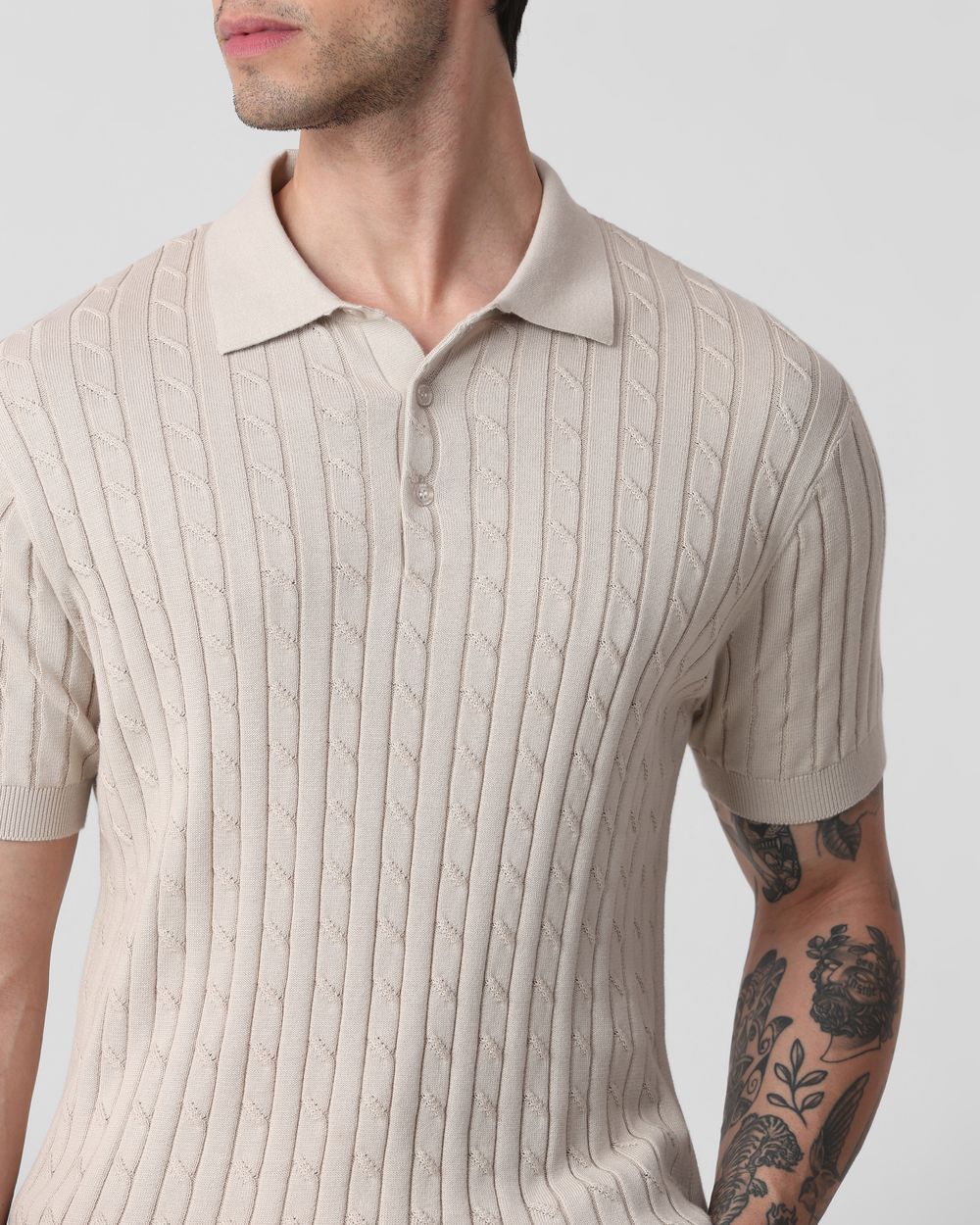 Beige Self Stripe Flatknit Slim Fit Polo