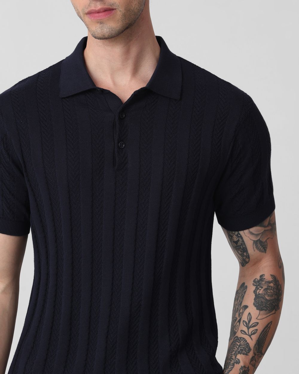 Navy Self Stripe Flatknit Slim Fit Polo