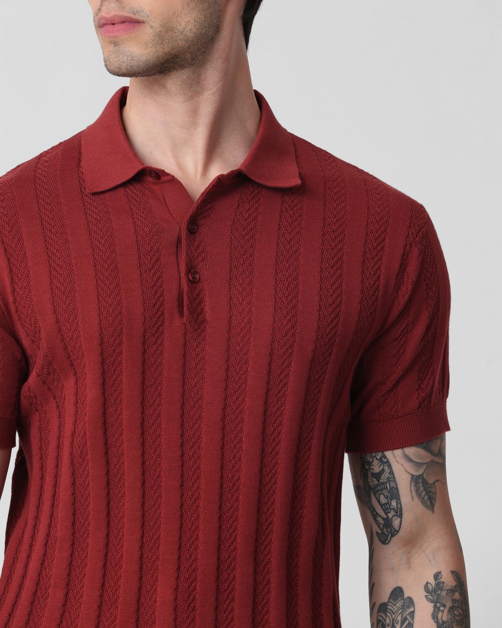 Rust Self Stripe Flatknit Slim Fit Polo