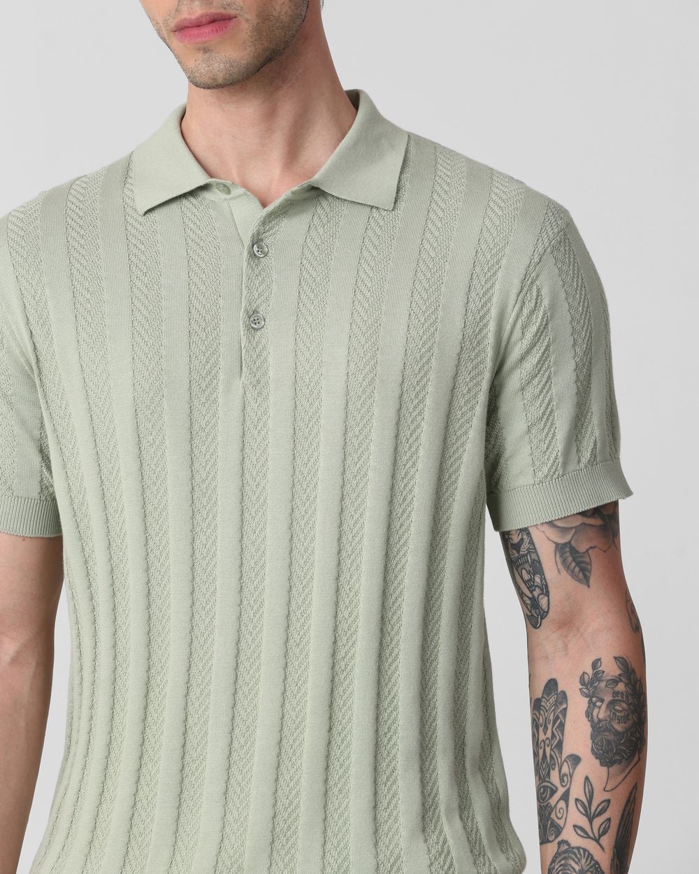 Light Olive Self Stripe Flatknit Slim Fit Polo