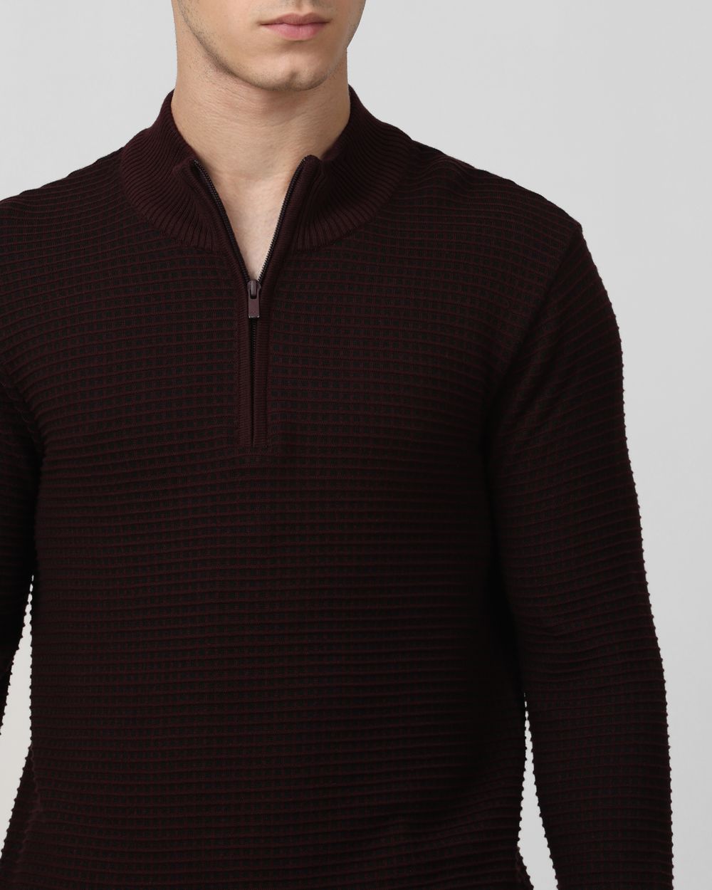 Maroon Mock Neck Plain Slim Fit Sweater