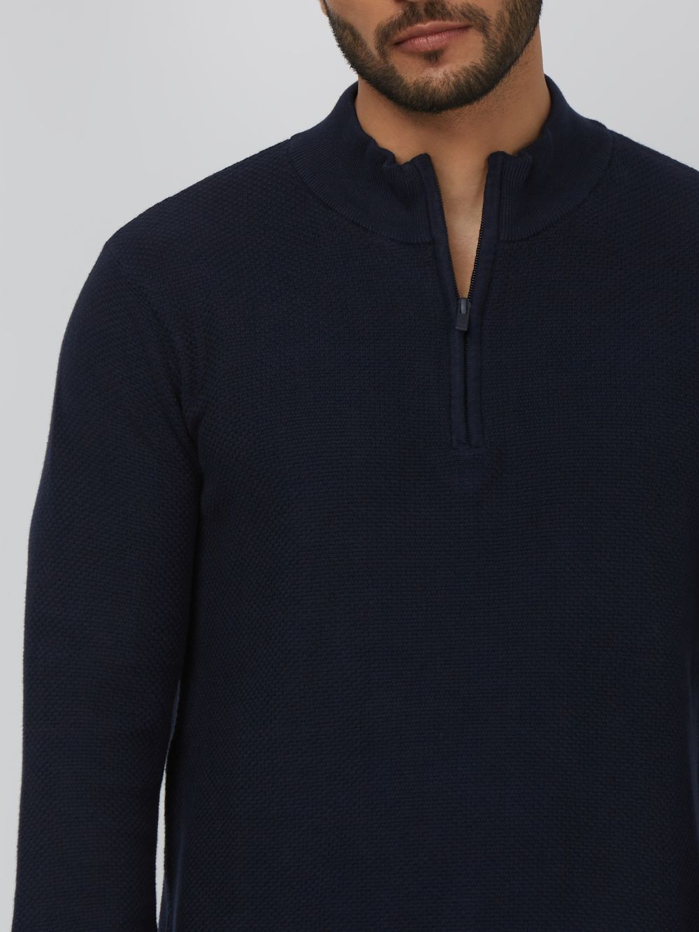 NAVY MOCK NECK HALF ZIP SLIM FIT SWEATER