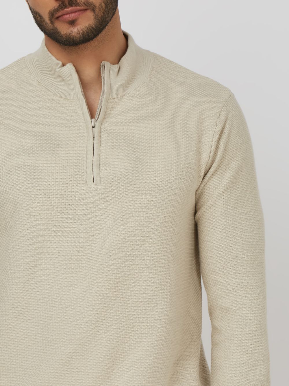 BEIGE MOCK NECK HALF ZIP SLIM FIT SWEATER