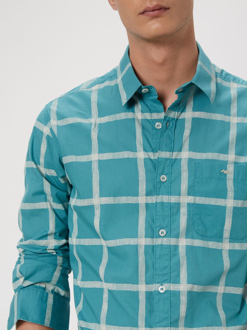 Turquoise & Off White Painted Check Lightweight Shirt