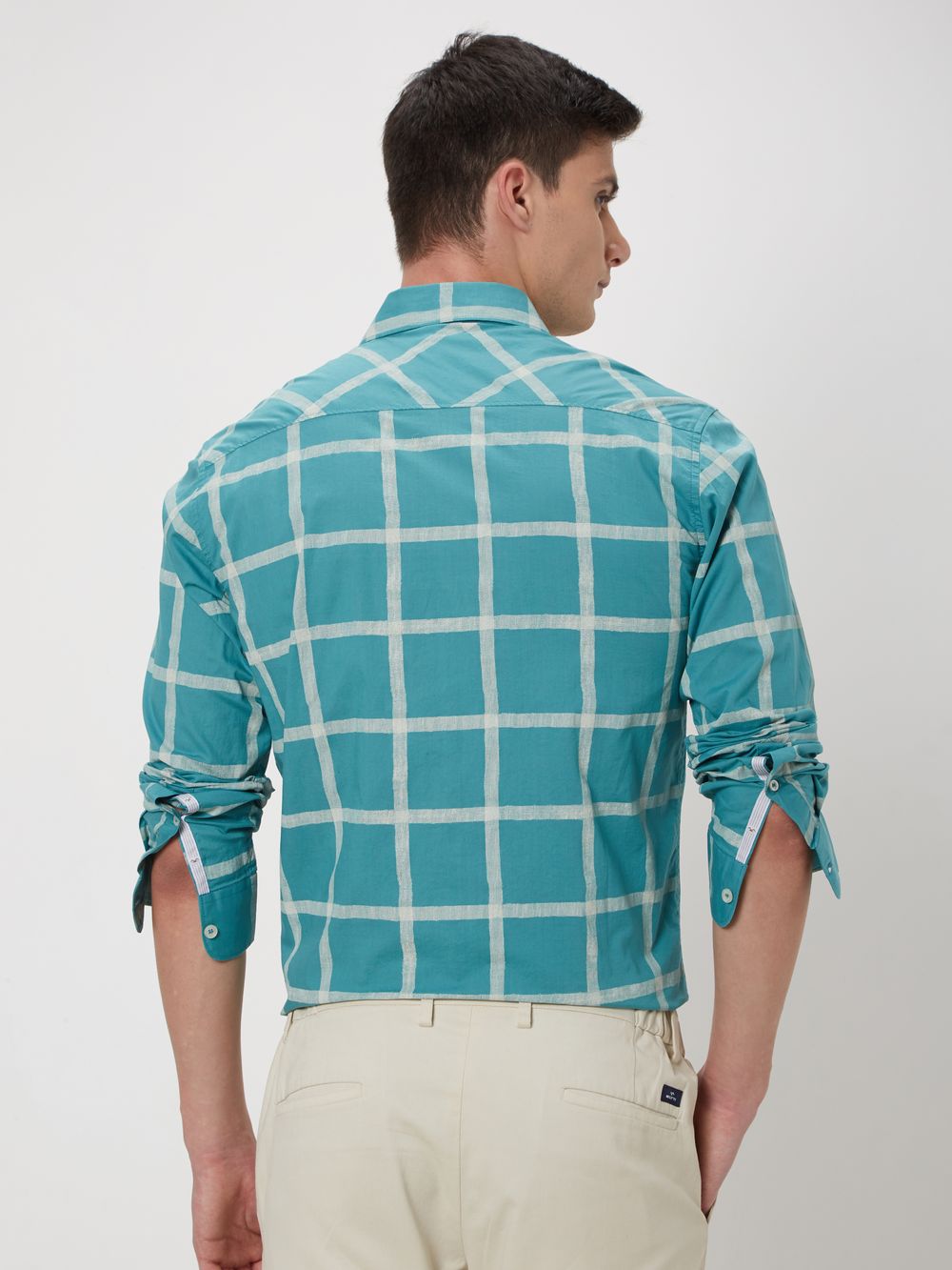 Turquoise & Off White Painted Check Lightweight Shirt